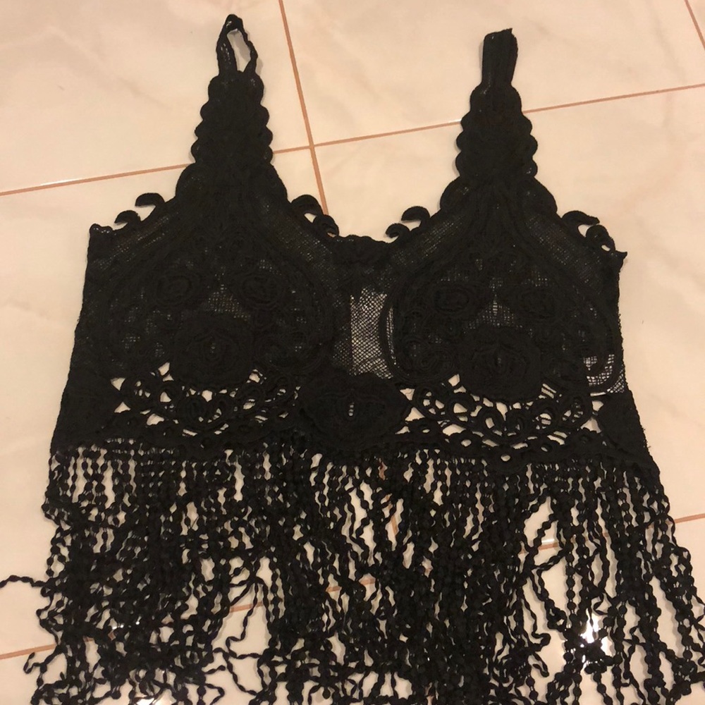 Black Fringed laced cropped top
